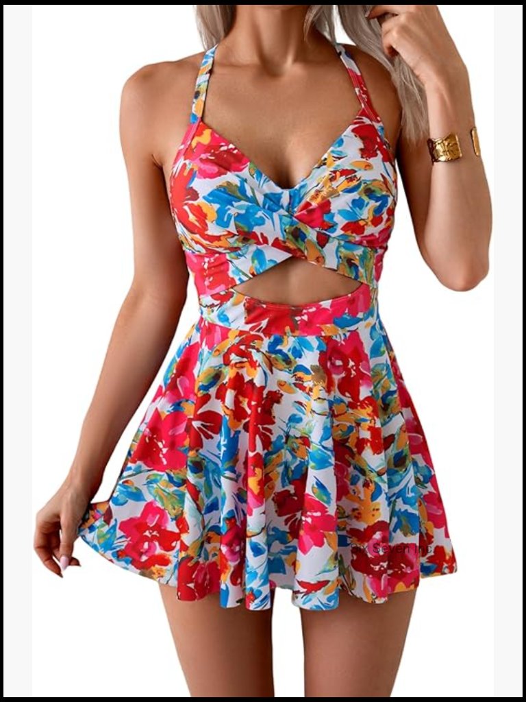 Women Cutout One Piece Skirt Swimsuit V Neck Wrap Tie Back Tummy Control